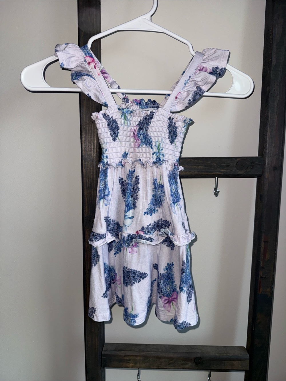 Posh Peanut Pink Smocked Floral Tiered Dress with Blue Prints